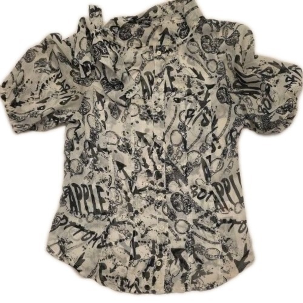 VTG Apple Bottoms Y2K Sheer Bow Blouse Top Graffiti Print Black White Size S/P